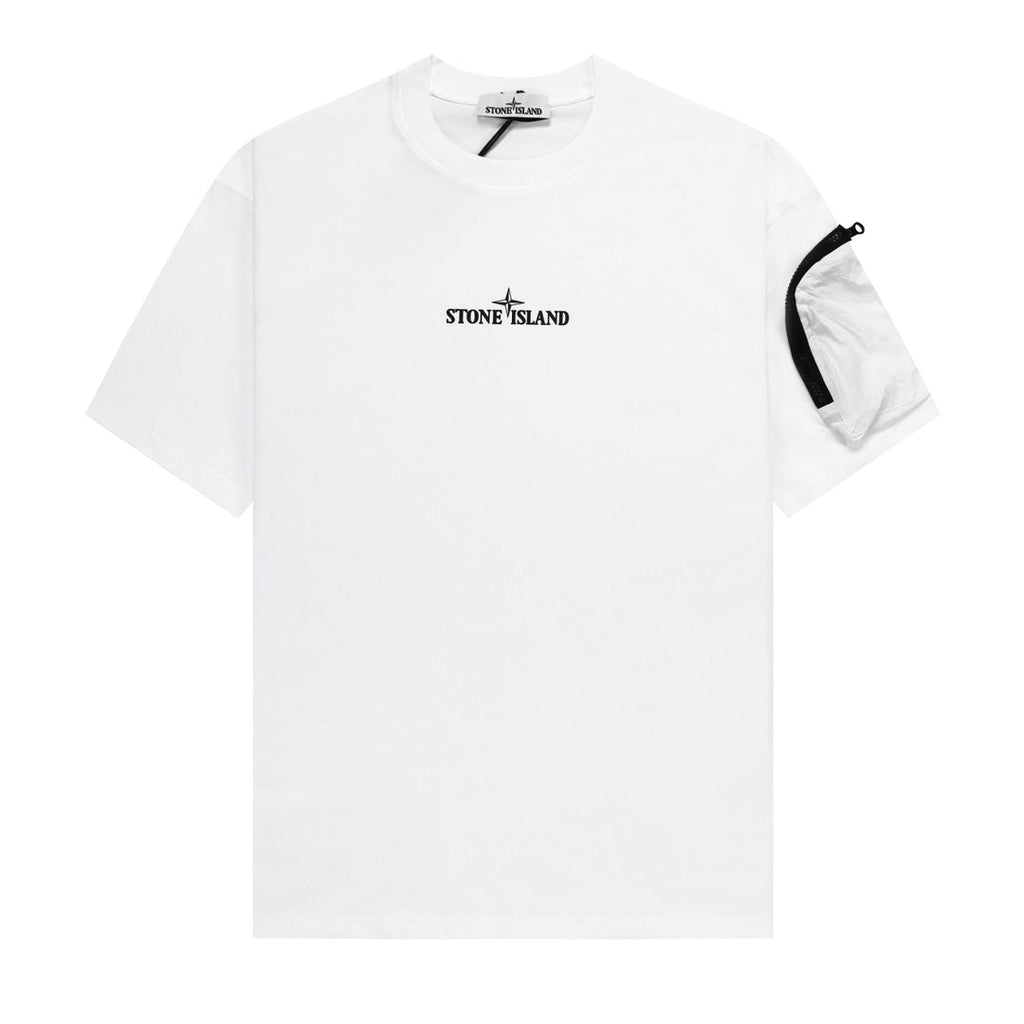 Stone Island Centre Chest Logo Crew Neck T-Shirt with Right Sleeve Nylon Zip Pocket