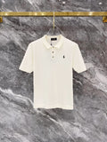 Men's Pique Knit Short‑Sleeve Polo Shirt Small Horse Embroidery Solid Cream Casual Top