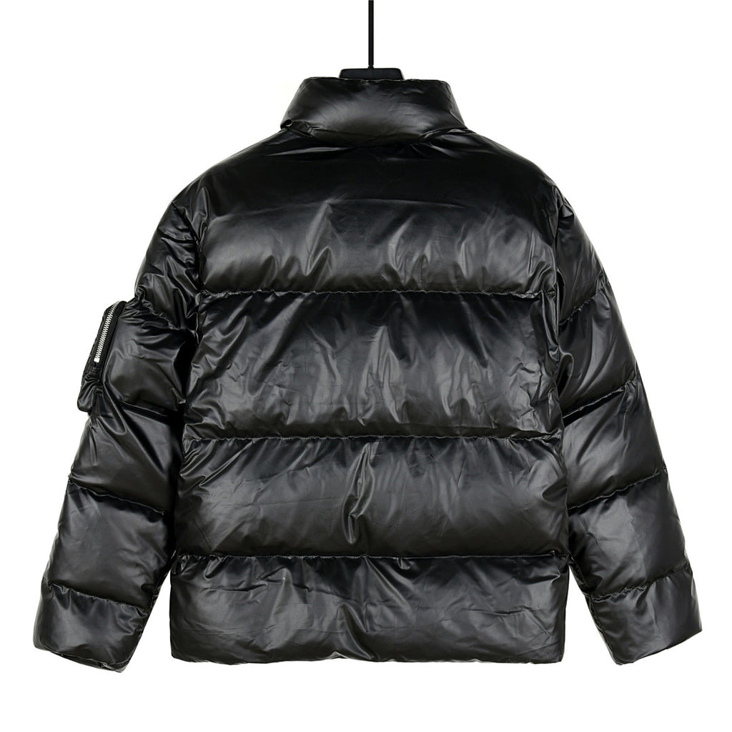 Prada Glossy Stand-Collar Puffer Jacket with Large Front Pockets