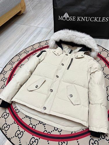 Moose Knuckles Men's Cream Quilted Hooded Jacket with Flap Pockets