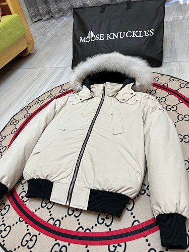Moose Knuckles Men's Hooded Bomber Jacket in Cream