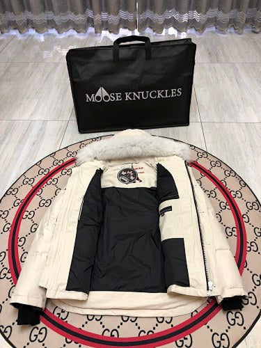 Moose Knuckles Men's Cream Quilted Hooded Jacket with Flap Pockets