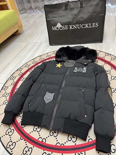 Moose Knuckles Black Hooded Puffer Jacket with Graphic Patches