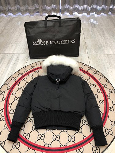 Moose Knuckles Women's Black Hooded Bomber Jacket with Pom-Pom Details