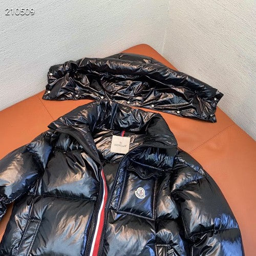 Moncler Black Glossy Hooded Puffer Jacket with Tricolor Trim