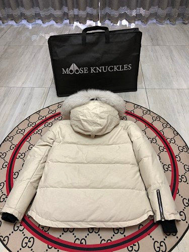 Moose Knuckles Men's Cream Quilted Hooded Jacket with Flap Pockets