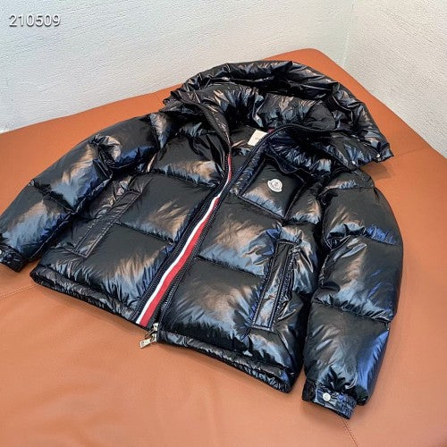 Moncler Black Glossy Hooded Puffer Jacket with Tricolor Trim