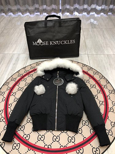 Moose Knuckles Women's Black Hooded Bomber Jacket with Pom-Pom Details