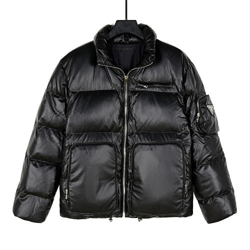 Prada Glossy Stand-Collar Puffer Jacket with Large Front Pockets