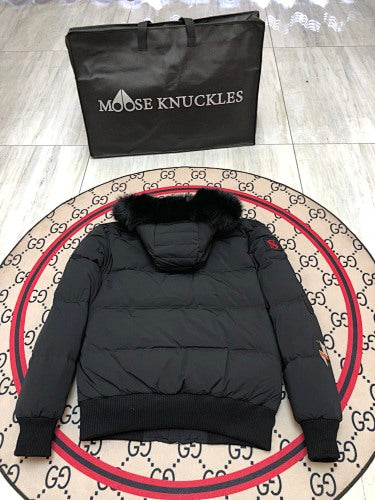 Moose Knuckles Black Hooded Puffer Jacket with Graphic Patches