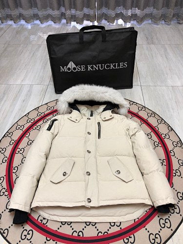 Moose Knuckles Men's Cream Quilted Hooded Jacket with Flap Pockets