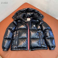 Moncler Black Glossy Hooded Puffer Jacket with Tricolor Trim