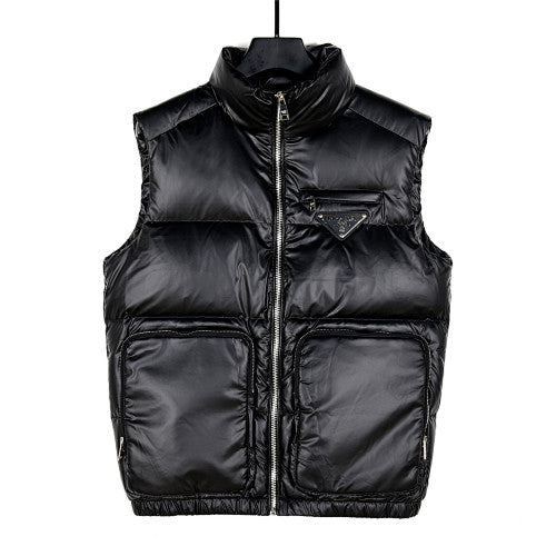 Prada Glossy Stand-Collar Puffer Vest with Large Front Pockets