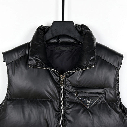 Prada Puffer Vest in Black with Stand Collar and Triangle Logo