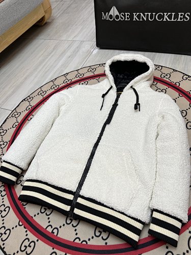 Moose Knuckles White Sherpa-Style Hooded Jacket with Black Trim
