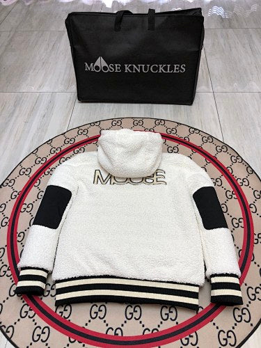 Moose Knuckles White Sherpa-Style Hooded Jacket with Black Trim