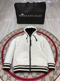 Moose Knuckles White Sherpa-Style Hooded Jacket with Black Trim