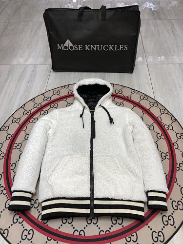 Moose Knuckles White Sherpa-Style Hooded Jacket with Black Trim