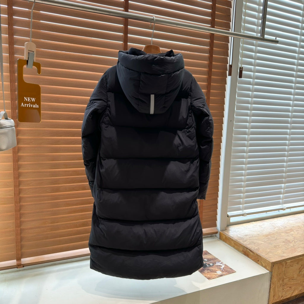 Canada Goose Women's Long Hooded Puffer Coat with Black Sleeve Patch