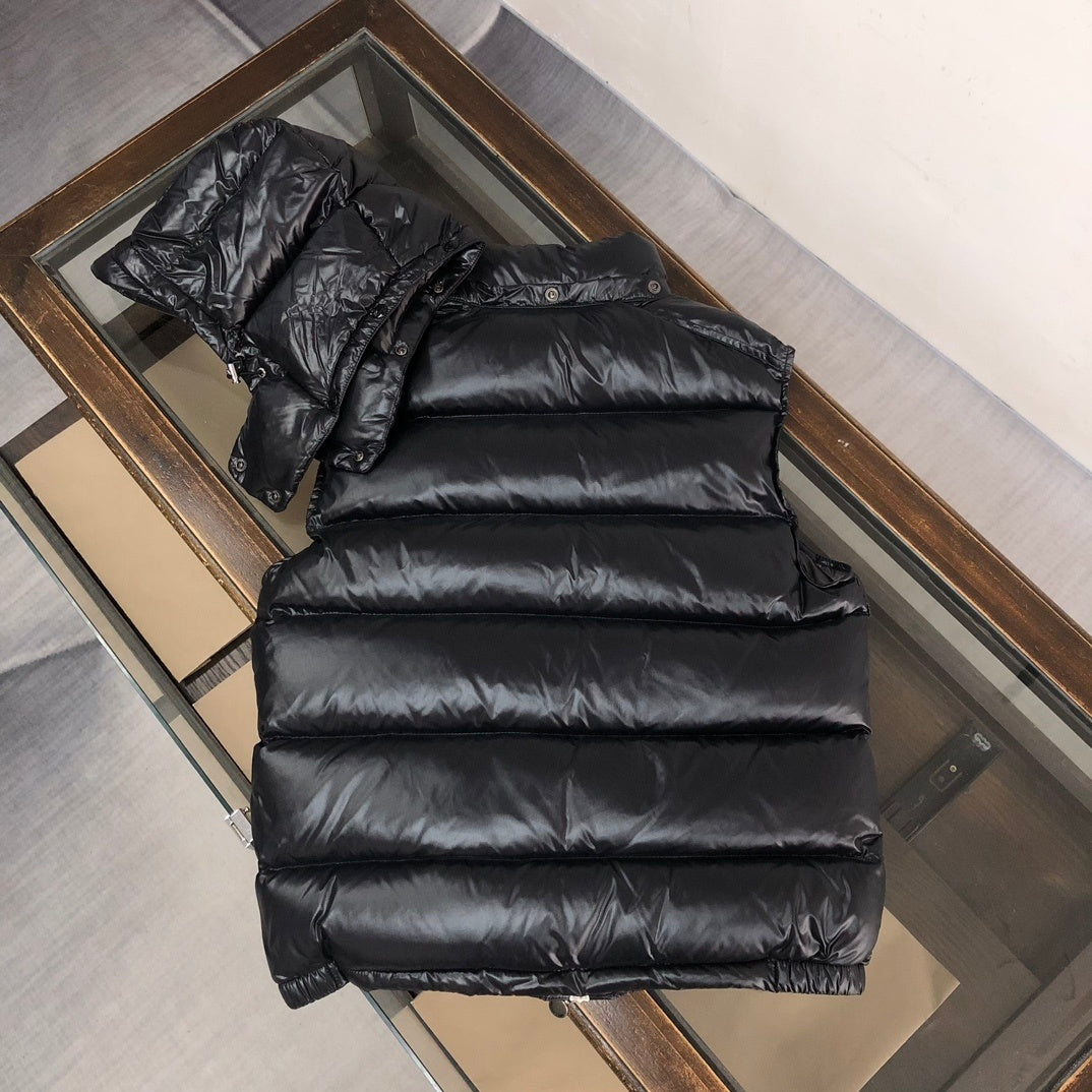 Moncler Glossy Hooded Puffer Vest with Zip Pockets