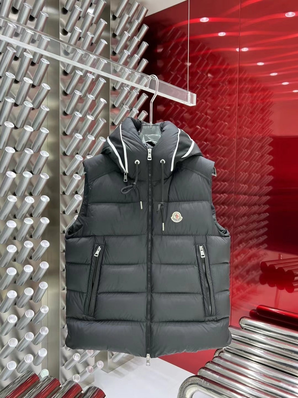 Moncler Hooded Down Vest with Logo Lettering