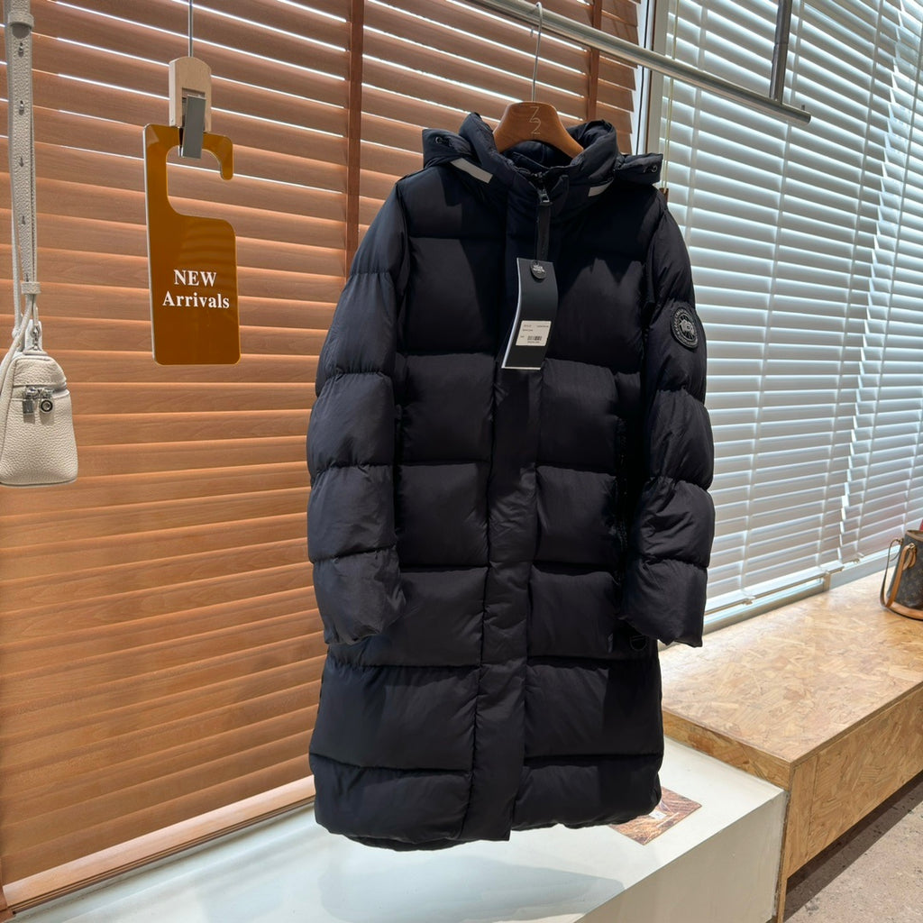 Canada Goose Women's Long Hooded Puffer Coat with Black Sleeve Patch