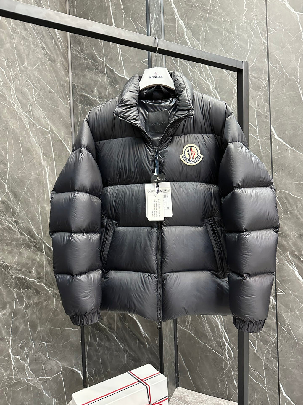 Moncler Stand-Collar Puffer Jacket with Large Chest Logo