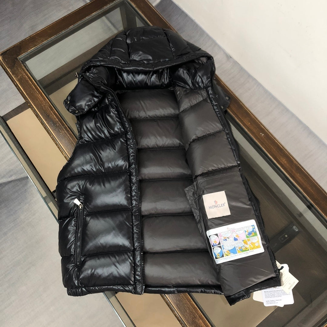 Moncler Glossy Hooded Puffer Vest with Zip Pockets