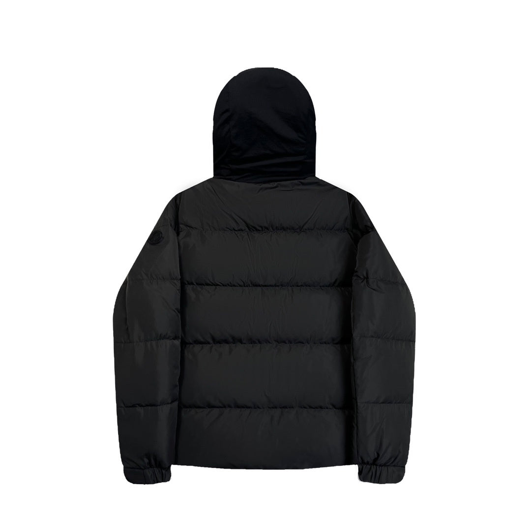 Quilted Puffer Jacket with Black Hood and High Collar