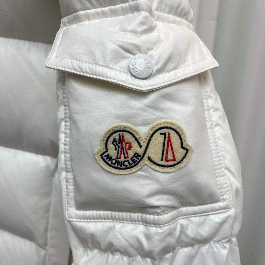 Moncler White Hooded Puffer Jacket with 70 Logo Patch