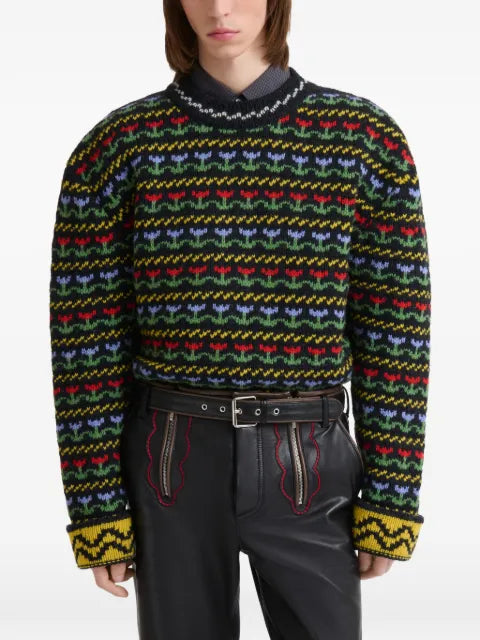 Marni black shetland wool sweater with fairisle motif