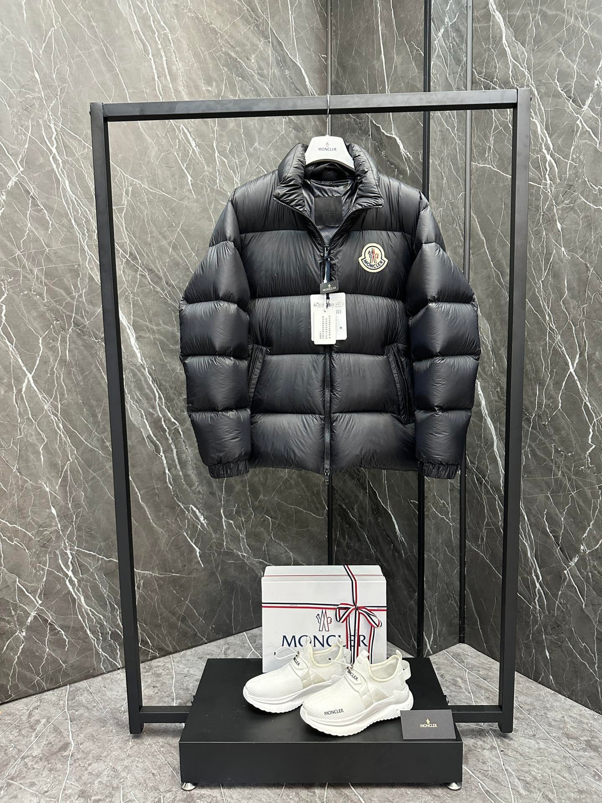 Moncler Stand-Collar Puffer Jacket with Large Chest Logo