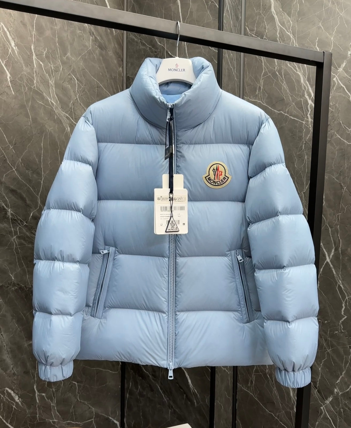 Moncler Stand-Collar Puffer Jacket with Large Chest Logo