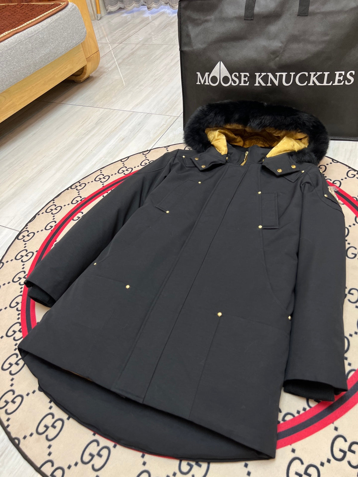 Moose Knuckles Men's Long Hooded Parka with Gold-Tone Details