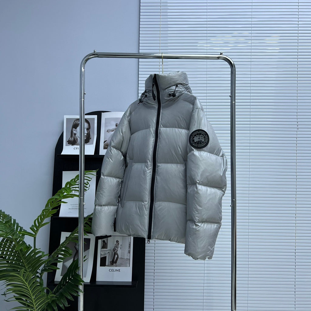 Canada Goose Crofton Silver Hooded Puffer Jacket with Black Sleeve Patch