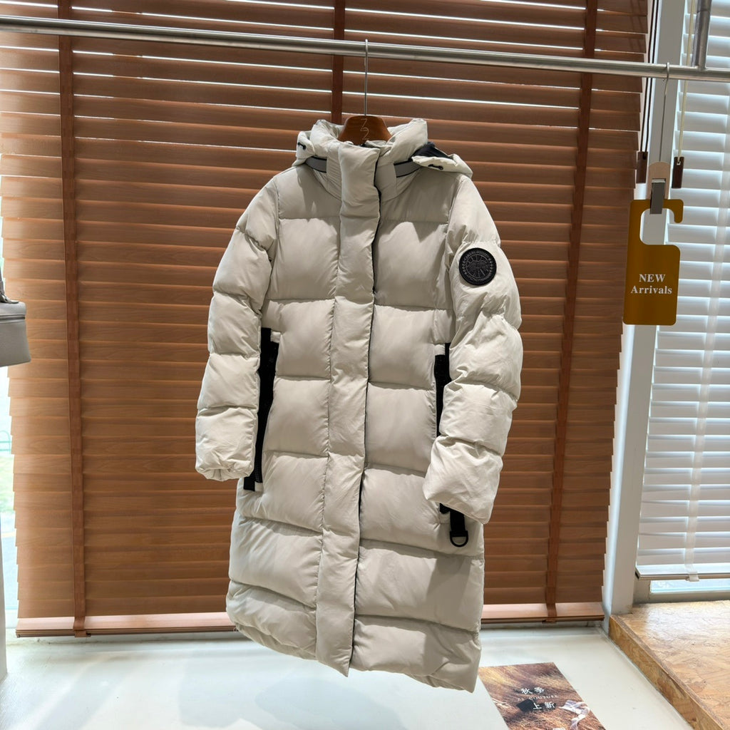 Canada Goose Women's Long Hooded Puffer Coat with Black Sleeve Patch