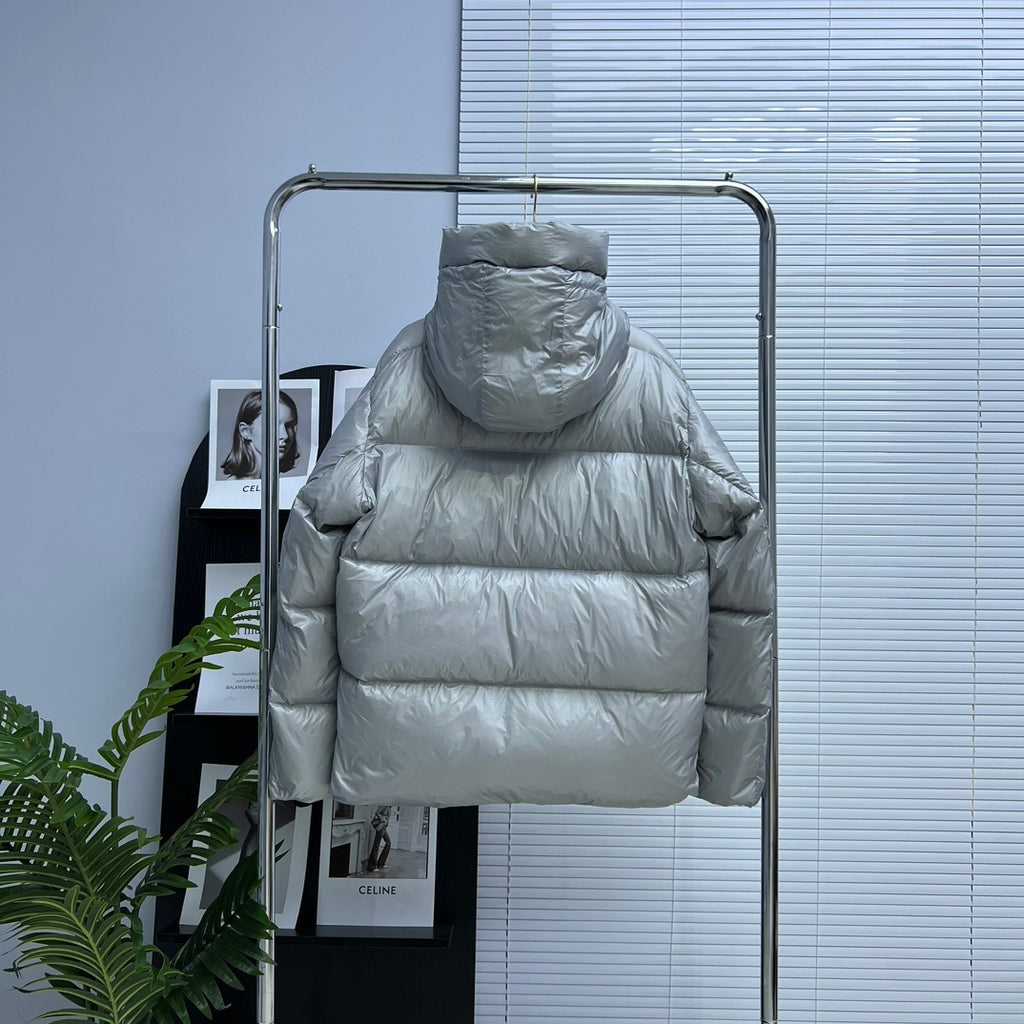 Canada Goose Crofton Silver Hooded Puffer Jacket with Black Sleeve Patch