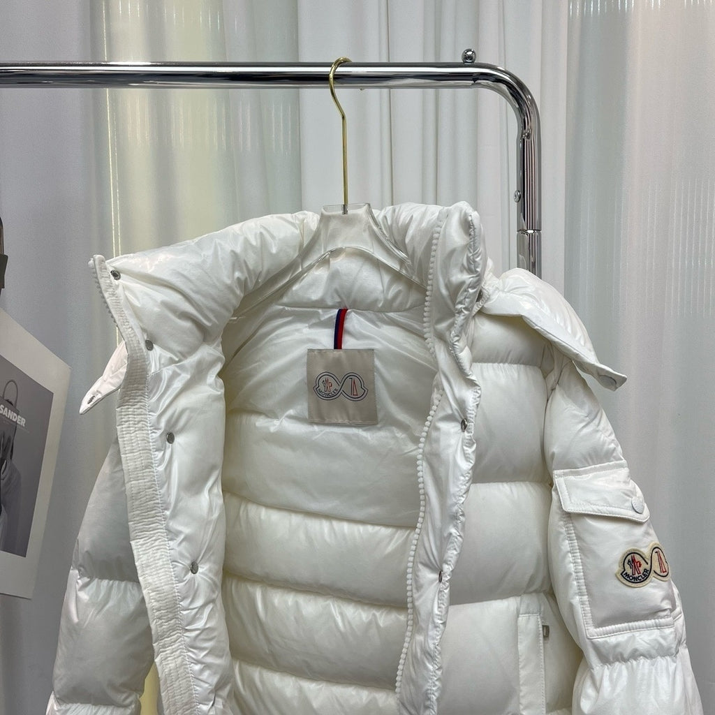 Moncler White Hooded Puffer Jacket with 70 Logo Patch