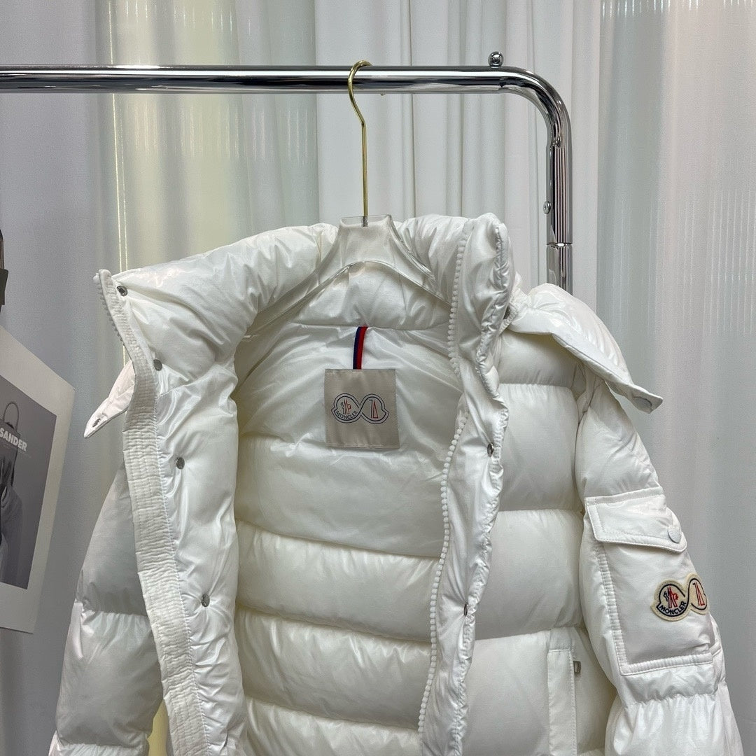 Moncler White Hooded Puffer Jacket with 70 Logo Patch