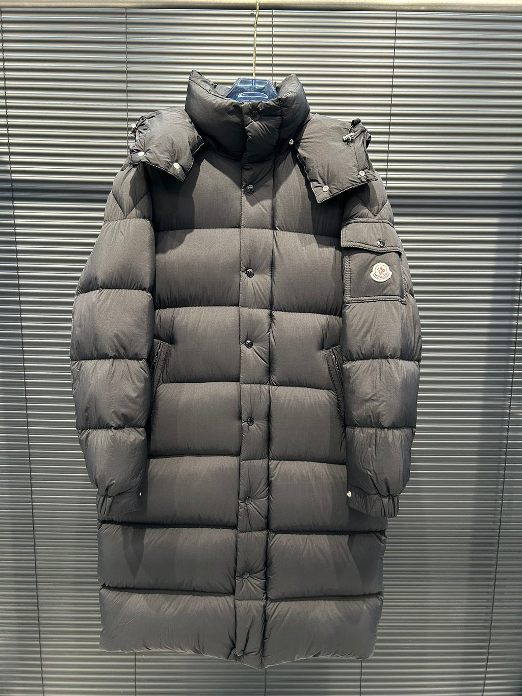 Moncler Long Matte Hooded Puffer Coat with Logo Sleeve Pocket