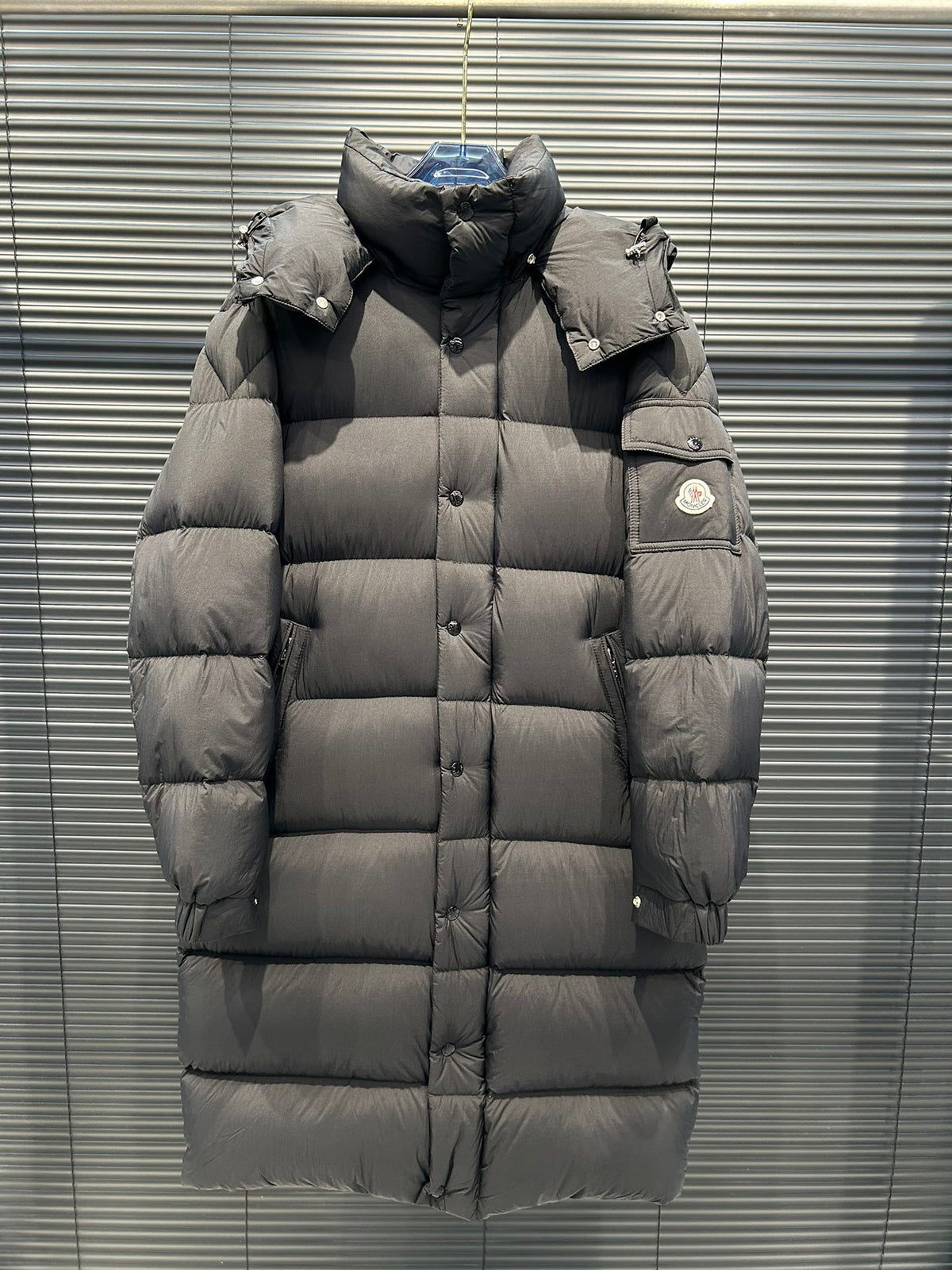 Moncler Long Matte Hooded Puffer Coat with Logo Sleeve Pocket