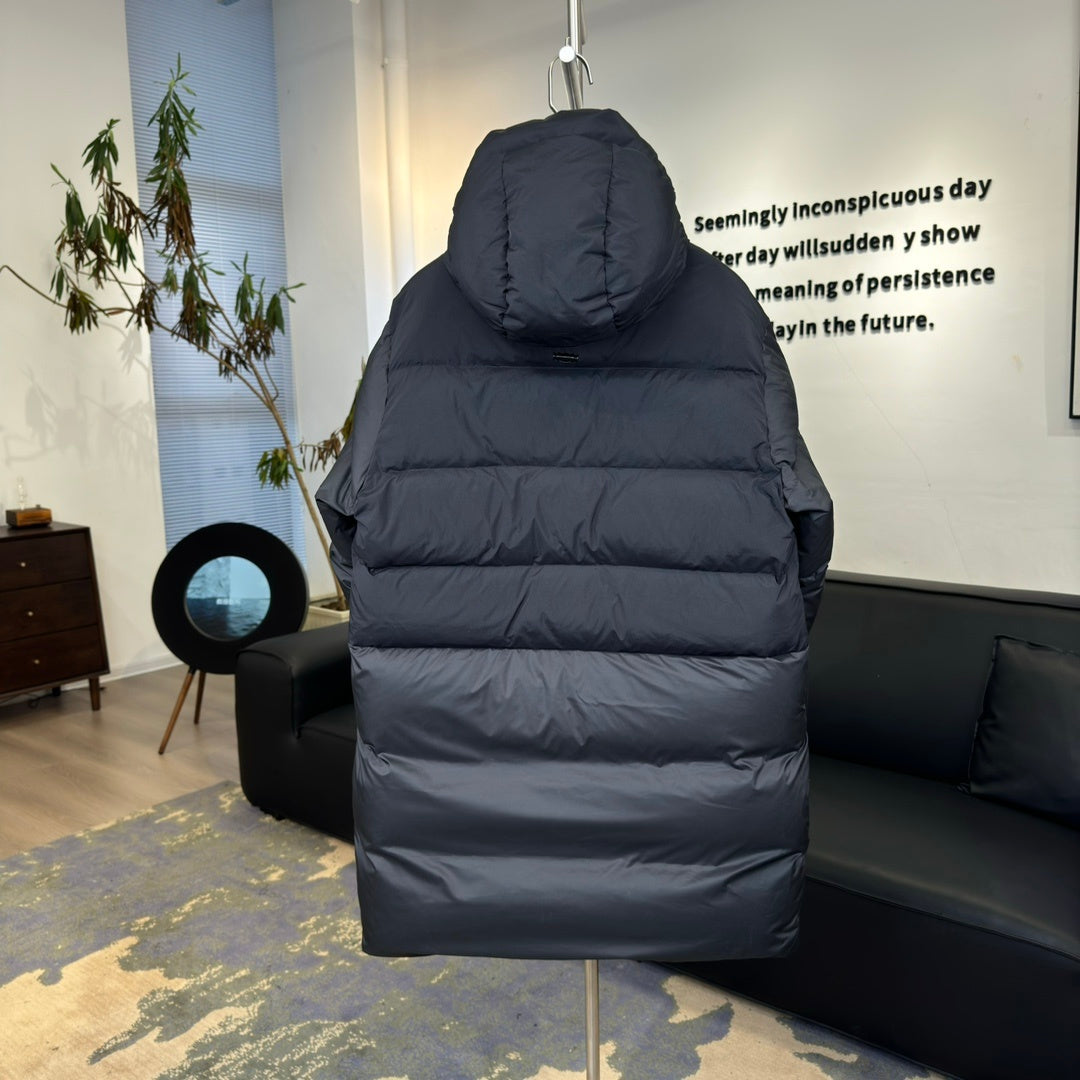 Moncler Hooded Longline Puffer Coat with Oversized Logo Patch