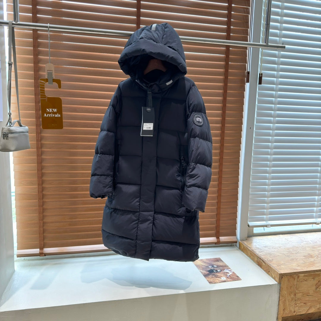 Canada Goose Women's Long Hooded Puffer Coat with Black Sleeve Patch