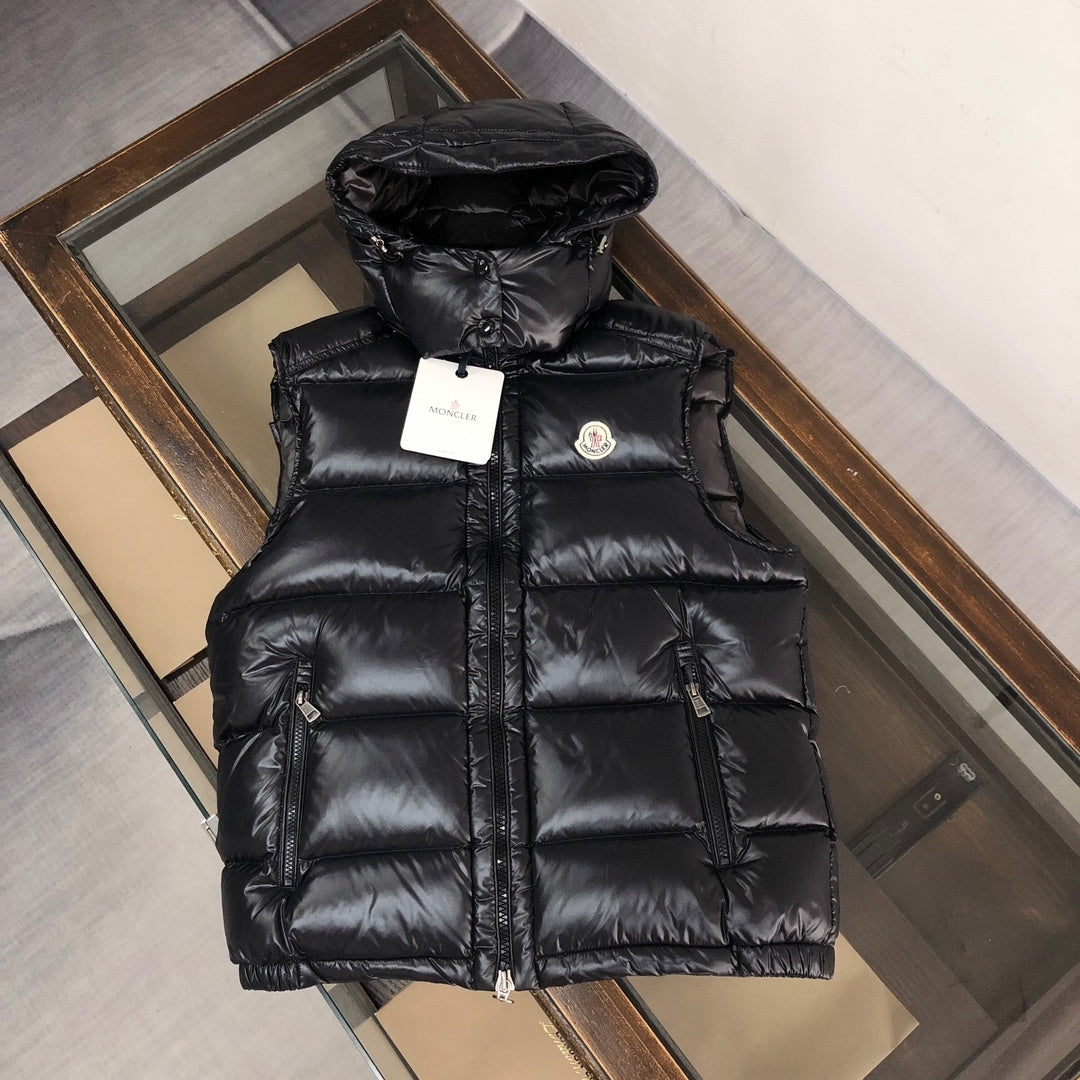 Moncler Glossy Hooded Puffer Vest with Zip Pockets