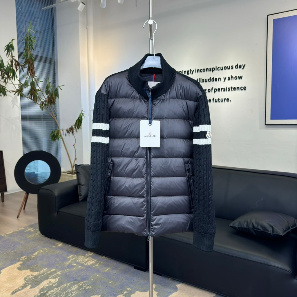 Moncler Quilted-Front Knit Jacket with Striped Sleeves