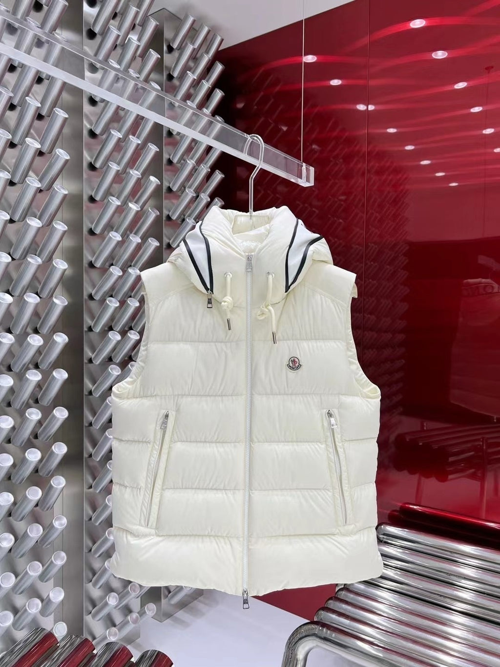 Moncler Hooded Down Vest with Logo Lettering