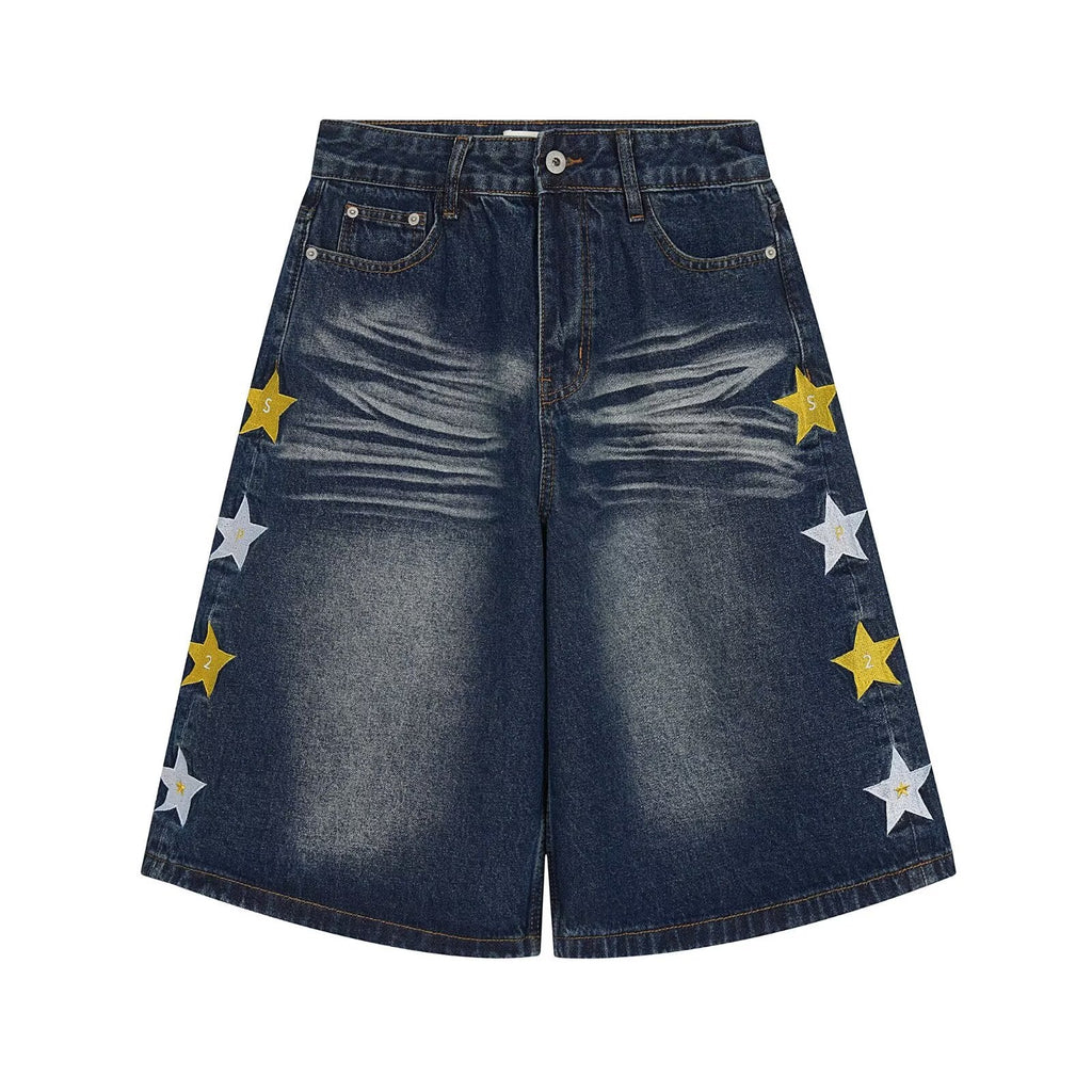 Y2K Vintage Graphic Embroidered Baggy Denim Long Shorts Streetwear