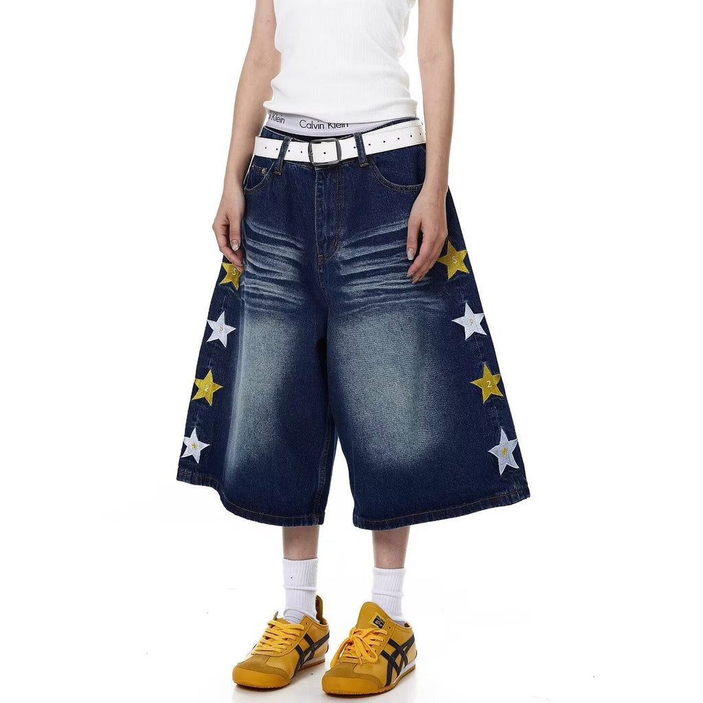 Y2K Vintage Graphic Embroidered Baggy Denim Long Shorts Streetwear
