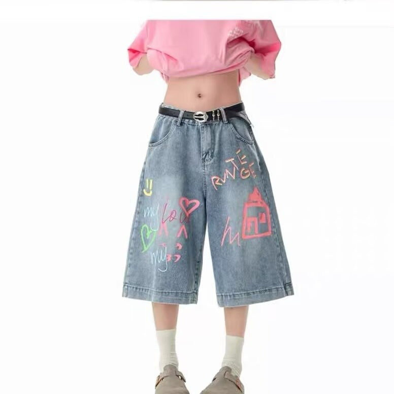 Y2K Vintage Graphic Embroidered Baggy Denim Long Shorts Streetwear