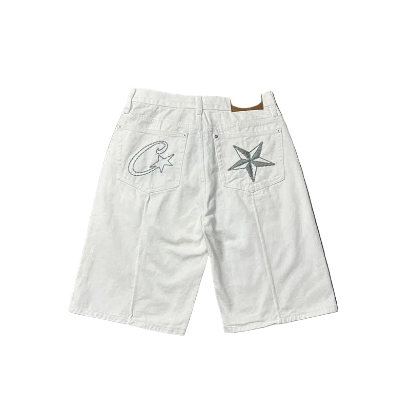 Corteiz C-Star Five-Point Star Embroidered Denim Shorts – White